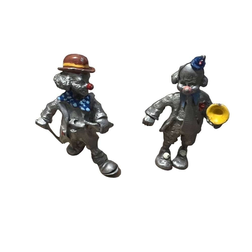 Two English  Vintage Pewter‎ Clown Figurine Red Nose Bow Tie Dog On A Leash